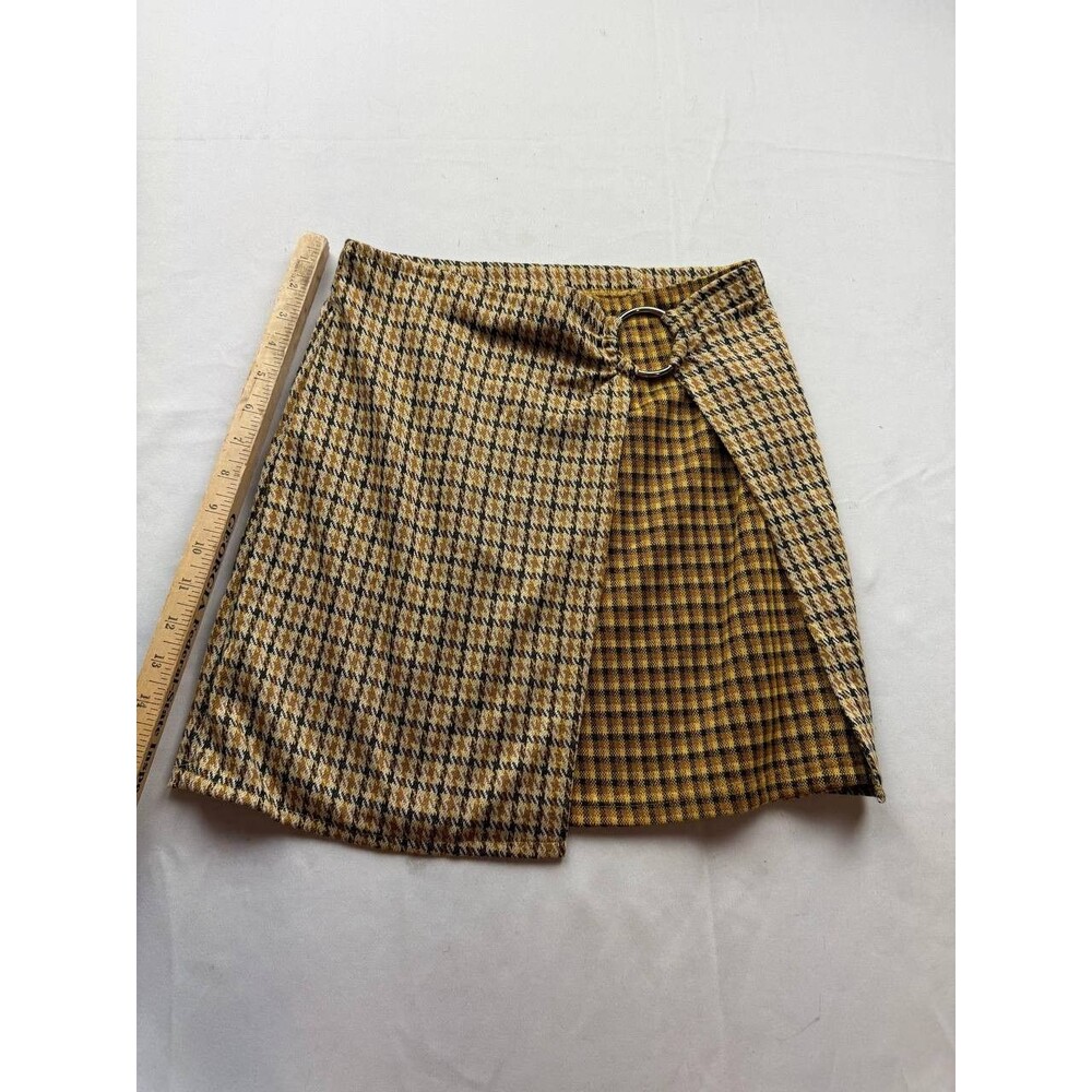 Angie Mini Wrap Skirt Womens Small Brown Plaid Houndstooth O-ring Preppy Y2K 90s